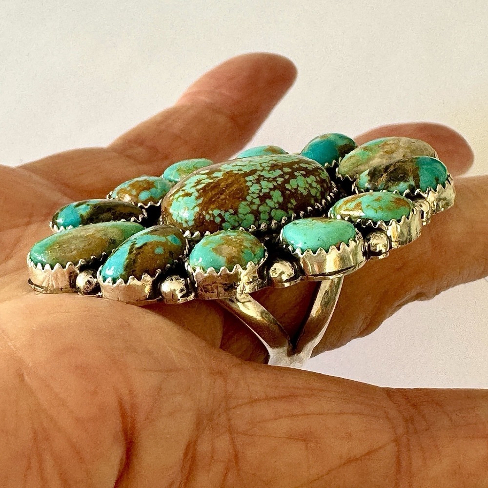HUGE Navajo Cluster Ring Sz 7 Turquoise #8 Mine Sterling Signed Spencer Native‎ - Picture 4 of 9